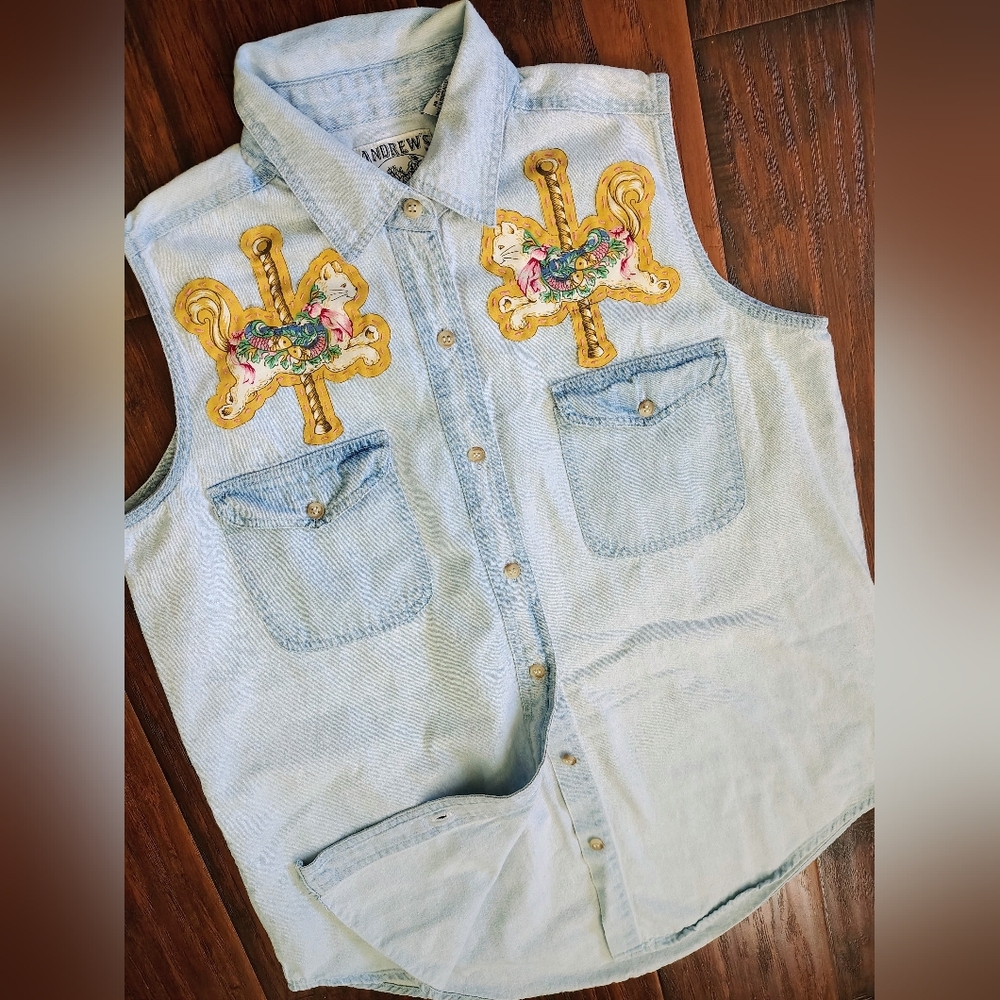 Custom vintage 90s carousel cats sleeveless denim button down Size M - Picture 2 of 6